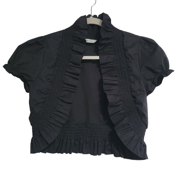 Derek Heart Youth Black Crop Open Cardigan Short Sleeve Ruffle Trim Size Medium - Picture 1 of 5
